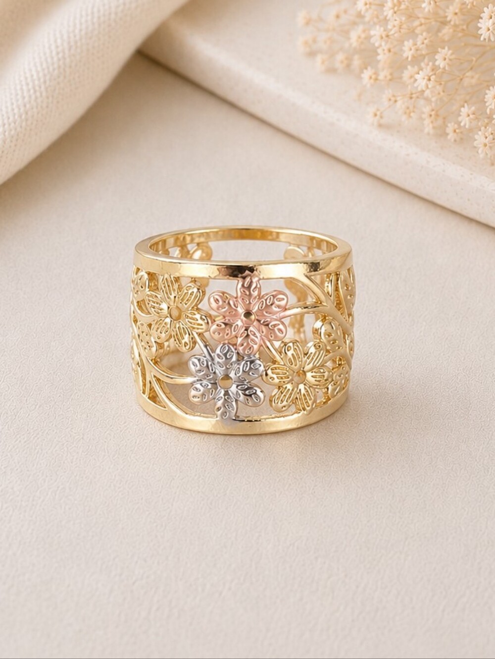 Tri-Tone Floral Cutout Wide Band Ring - Gold, Rose & Silver Accents